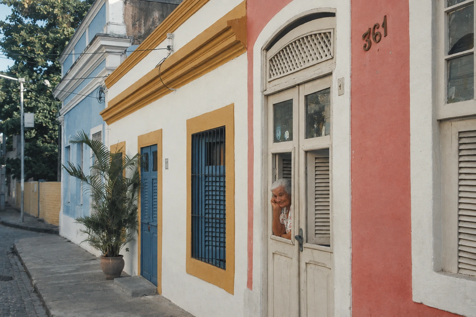 Uma moradora à porta entre fachadas coloridas de Olinda