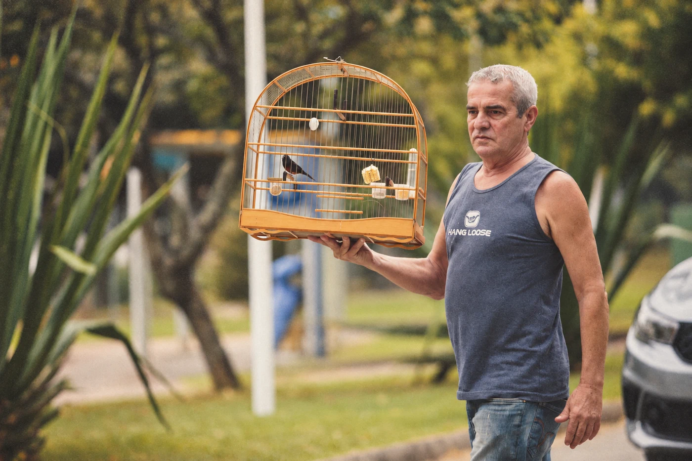 Homem segurando uma gaiola de madeira em uma área arborizada